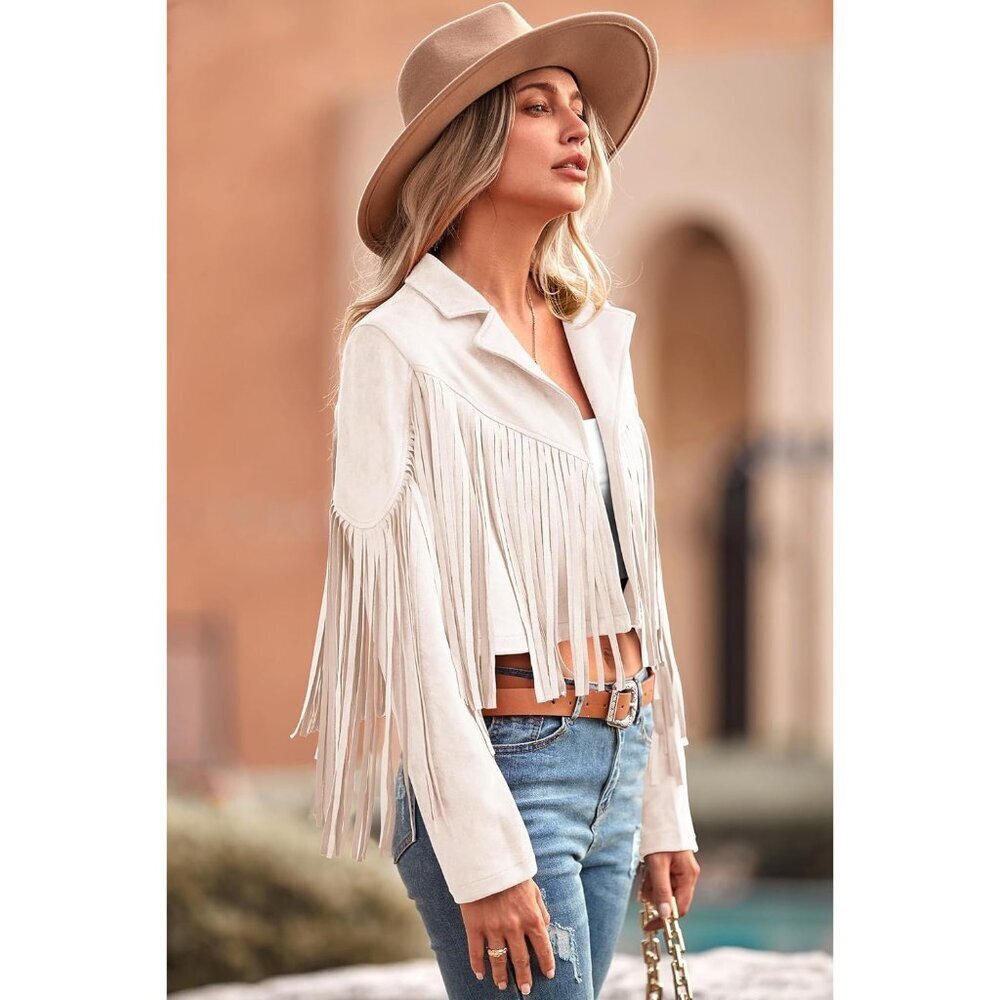 Women's : Beige Fringe Faux Suede Leather Tassel Motorcycle Cropped Jackets - Picture 3 of 9